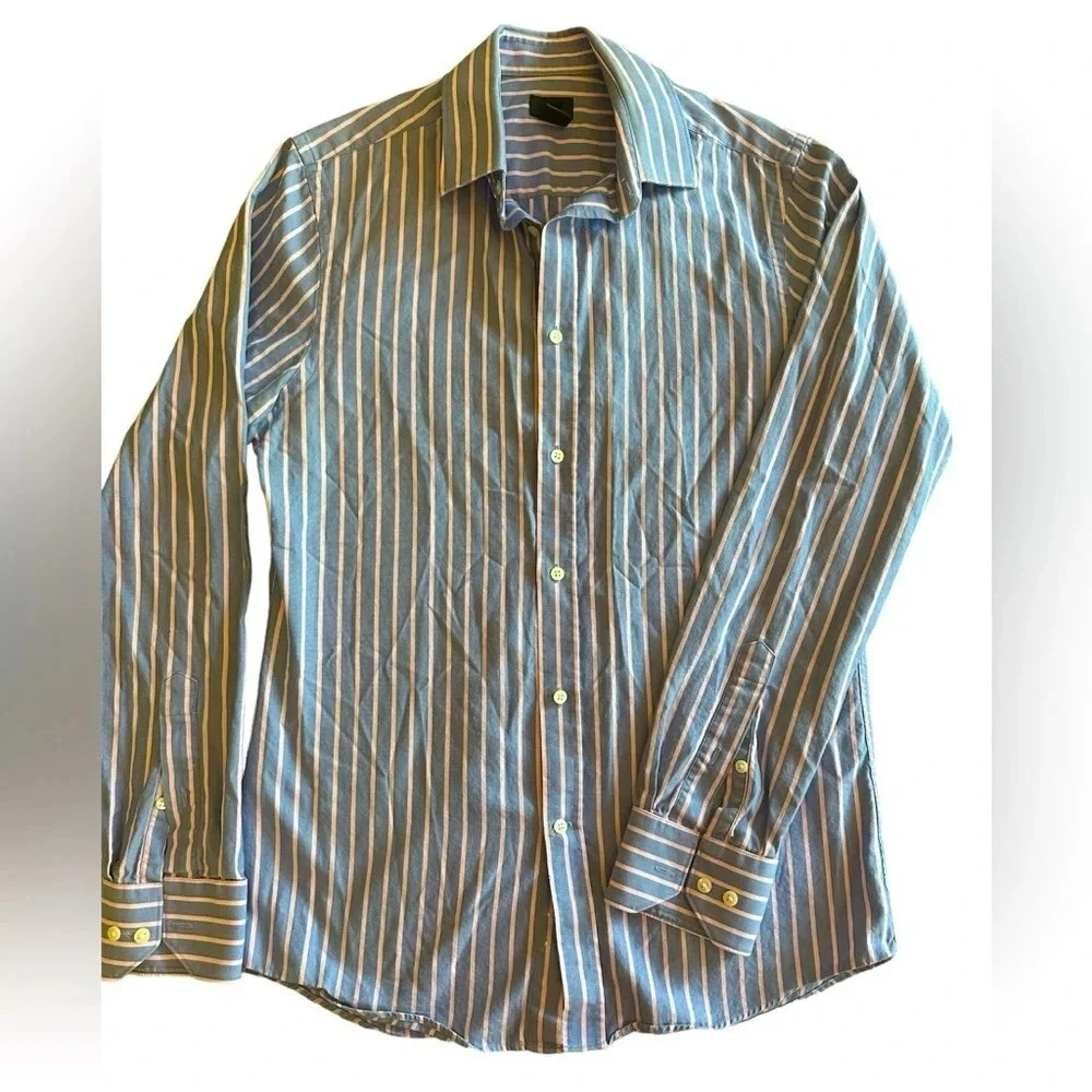 H&M Collared Button-Down Shirt Light Blue Pink Stripes Size Small 15